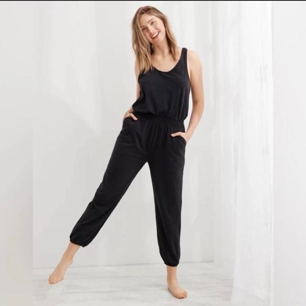 Aerie OG Cotton Racerback Jumpsuit Black One Piece Romper Medium NWOT